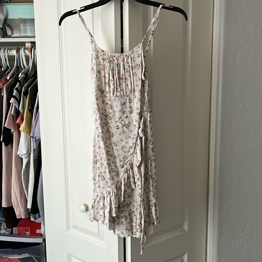 white ditsy pink floral wrap dress
